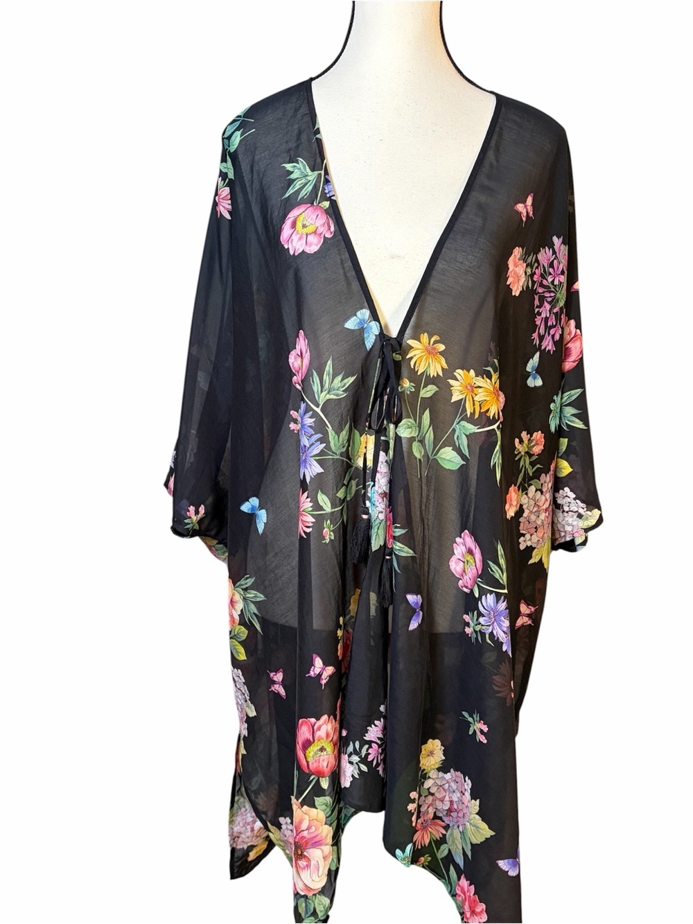 Johnny Was Black Butterfly Floral Silk Blend KIMONO Cover Up Front Tie S/M NWT - Picture 2 of 7